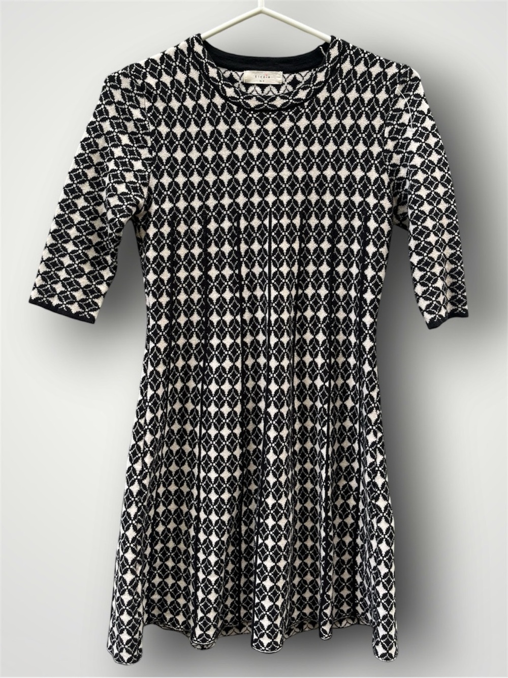 Anthropologie Elodie Black Off-white Diamond Fit & Flare Sweater Dress